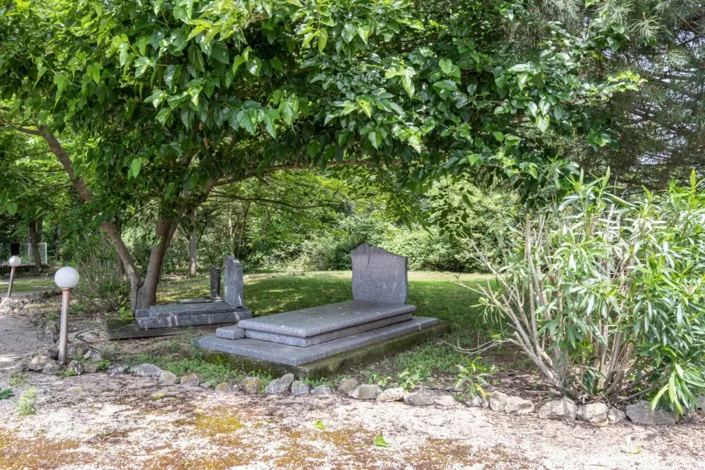 Monuments funéraires installés dans un espace extérieur verdoyant et ombragé